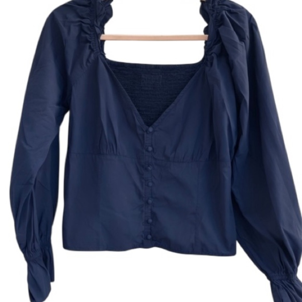 Anthropologie Navy Button-Front Peasant Top - Picture 3 of 5